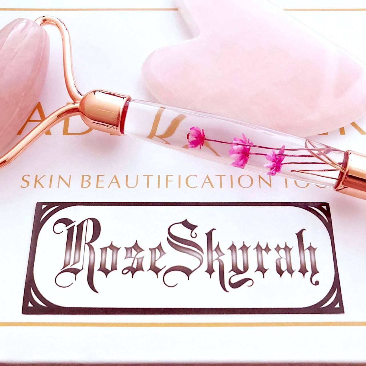 RoseSkyrah™ Rose Quartz Roller + Gua Sha Crystal Set