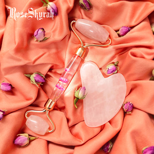 RoseSkyrah™ Rose Quartz Roller + Gua Sha Crystal Set