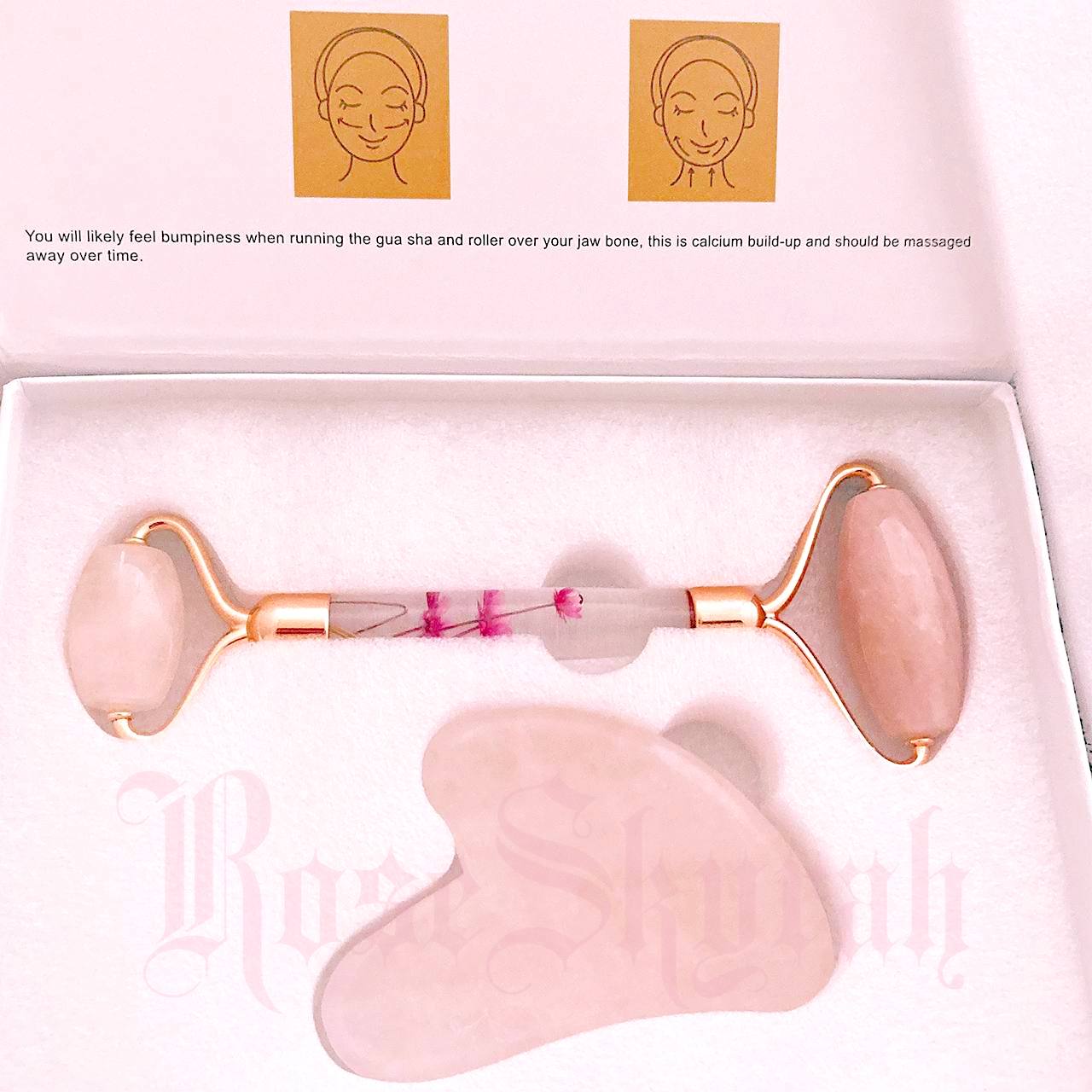 RoseSkyrah™ Rose Quartz Roller + Gua Sha Crystal Set